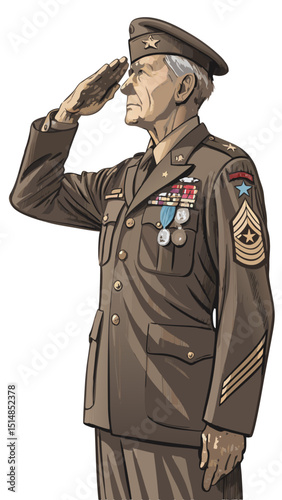 older soldier in uniform saluting with visible medals, respectful tone vector on white

