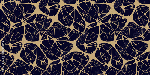 Vector abstract golden seamless pattern with neurons, brain cells, nerves, organic shapes. Simple illustration of neural network, net, grid, bionics. Black and gold background. Trendy modern design