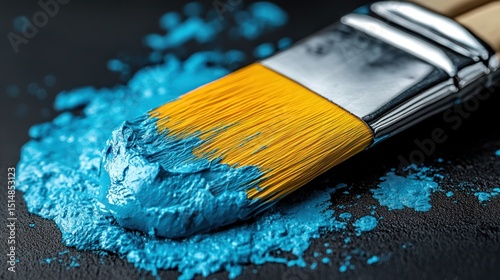 Close-up of a paintbrush dipped in vibrant blue paint, with splatters