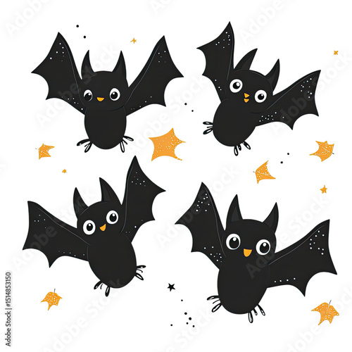 Spooky Fun Cute Bats Flying on Black Background with Orange Stars.