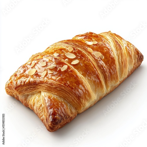 Fresh golden brown almond croissant with flaky layers and almond slices on top, perfect for breakfast or a sweet snack on a white background