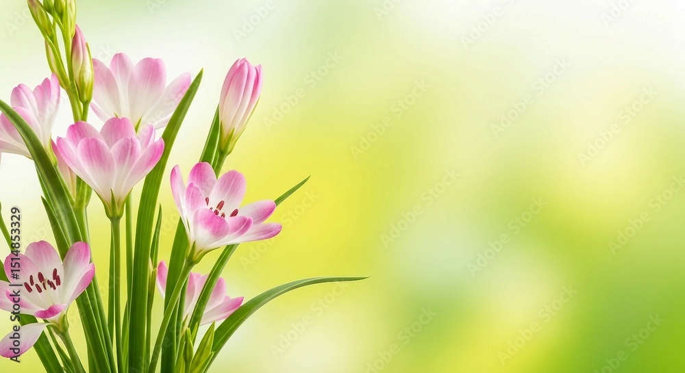 Fototapeta premium Pink Flowers With Green Background Delicate Beauty