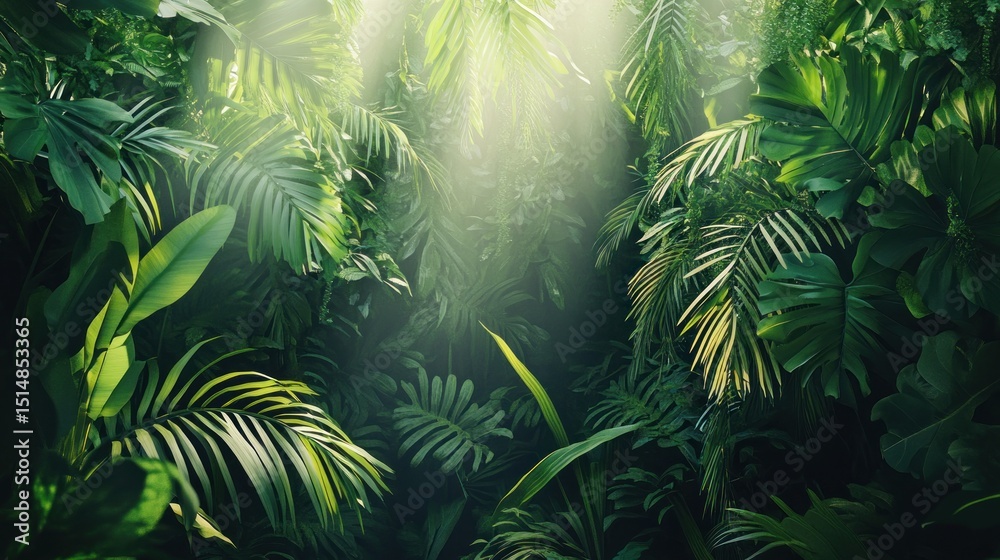 Fototapeta premium Lush green forest backdrop with soft light shining through, background wallpaper AI generated image