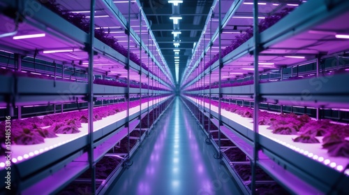 Step into a vibrant indoor vertical farm. Rows of leafy greens thrive under intense purple and blue lights. This high-tech setup showcases sustainable cultivation, modern innovation, and the future of