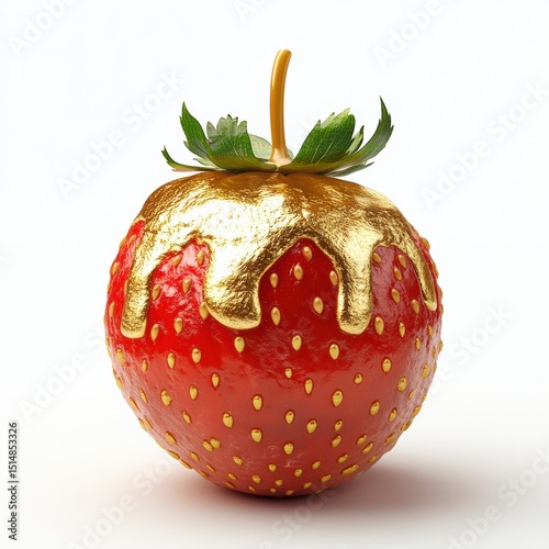Luxurious Gold Leaf Painted Strawberry with Green Leaves and Golden Drip Effect, Fresh Red Fruit for Elegant Food Presentation and Artistic Food Decor