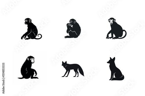 Silhouette set of monkeys and foxes