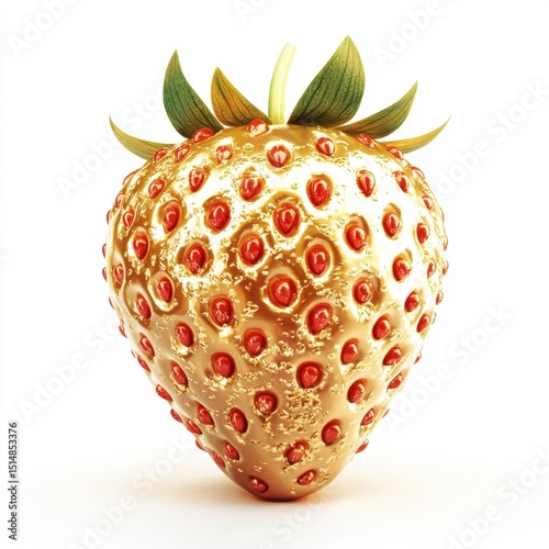 Unique golden strawberry with red seeds and green leaves on a white background, detailed close-up of a decorative fruit with shiny surface and vibrant colors