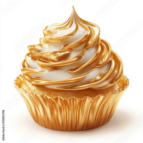 Delicious caramel and vanilla swirl cupcake with golden wrapper and glossy frosting, perfect for dessert, celebration, or sweet treat imagery