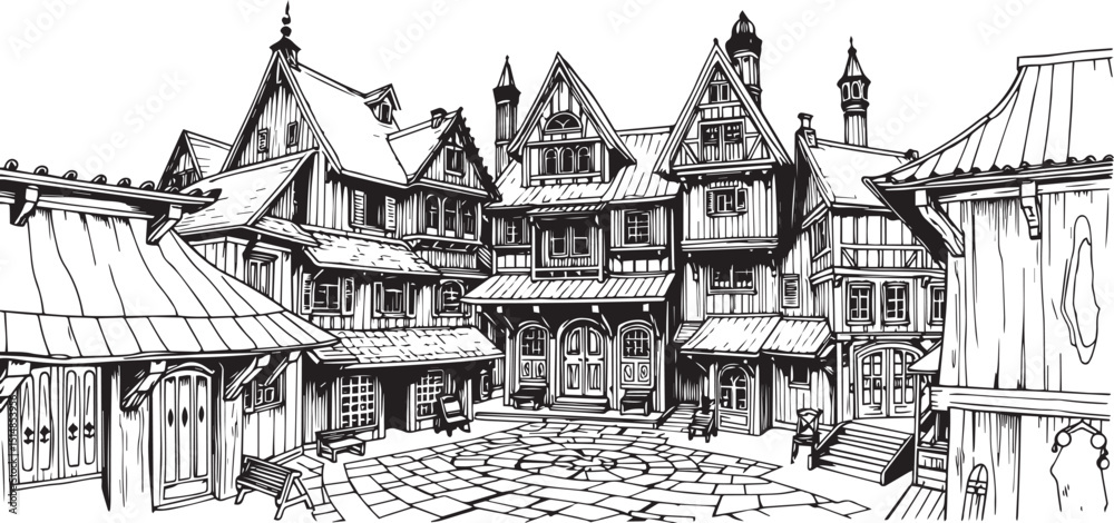 Obraz premium Old Town Landscape. Vintage, retro, wood carved patterns. Hand drawn vector illustration 