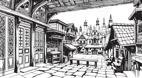 Old Town Landscape. Vintage, retro, wood carved patterns. Hand drawn vector illustration	