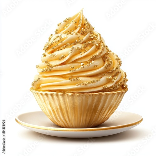 Close-up of a decorated cupcake with creamy frosting, golden sprinkles, and a textured paper cup on a white plate isolated on a white background