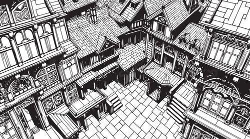 Old Town Landscape. Vintage, retro, wood carved patterns. Hand drawn vector illustration	