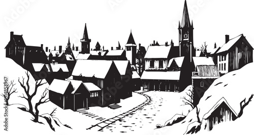 Old Town Landscape. Vintage, retro, wood carved patterns. Hand drawn vector illustration	