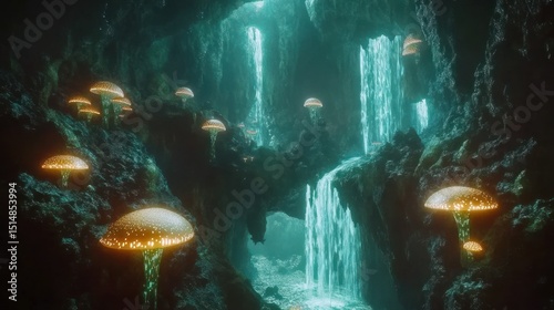 A futuristic neon-lit waterfall emits soft light flowing between the rocks, background wallpaper AI generated image
