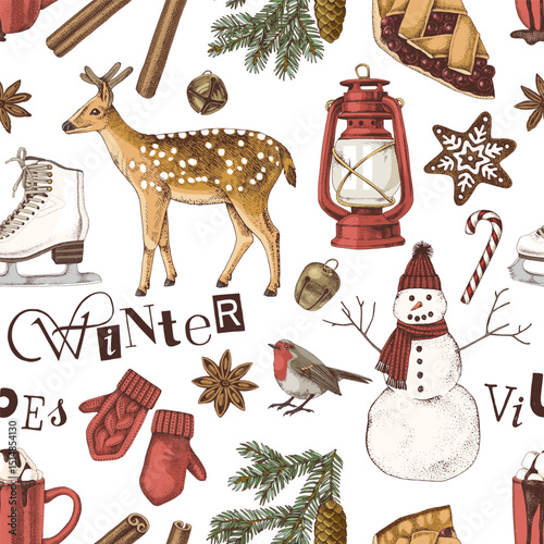 Winter vibes hand drawn seamless pattern
