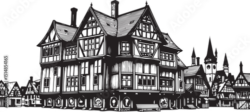 Old Town Landscape. Vintage, retro, wood carved patterns. Hand drawn vector illustration	