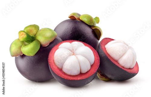 Fresh mangosteen with cut in half isolated on white background. 
