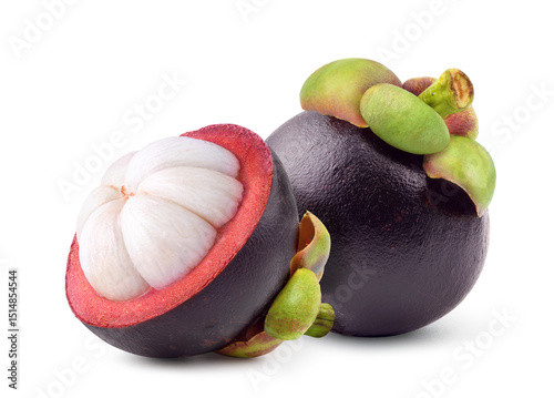 Fresh mangosteen with cut in half isolated on white background.