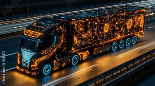 Futuristic autonomous truck on highway at night.  Advanced transportation technology
