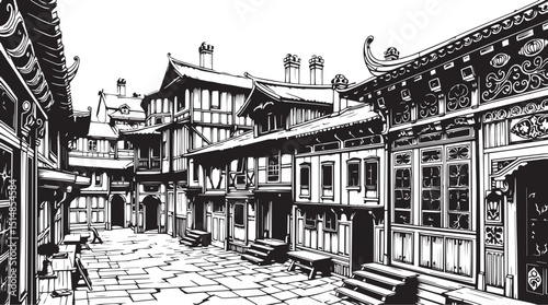 Old Town Landscape. Vintage, retro, wood carved patterns. Hand drawn vector illustration	