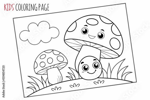 kids coloring page, mushrooms, cartoonish, friendly, thick outlines, no color