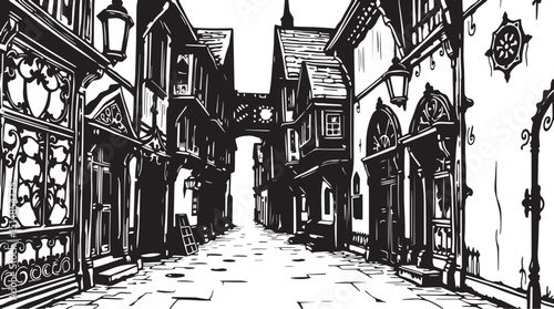 Old Town Landscape. Vintage, retro, wood carved patterns. Hand drawn vector illustration	