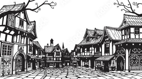 Old Town Landscape. Vintage, retro, wood carved patterns. Hand drawn vector illustration	