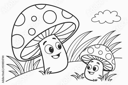 kids coloring page, mushrooms, cartoonish, friendly, thick outlines, no color