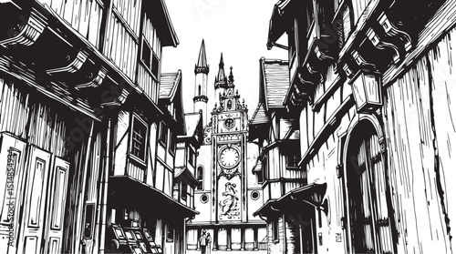 Old Town Landscape. Vintage, retro, wood carved patterns. Hand drawn vector illustration	