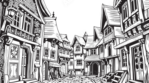 Old Town Landscape. Vintage, retro, wood carved patterns. Hand drawn vector illustration	