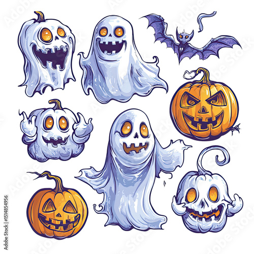 Spooky Halloween Icons Ghosts with Pumpkins, and and Bat.