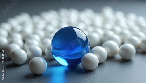 Una canica azul brillante colocada entre docenas de canicas blancas idénticas. Concepto de individualidad y aceptación de la singularidad photo