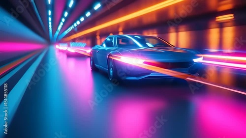 Futuristic car driving through a neon-lit tunnel with vibrant colors and dynamic motion