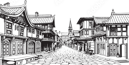 Old Town Landscape. Vintage, retro, wood carved patterns. Hand drawn vector illustration	