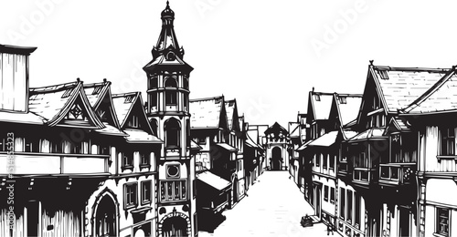 Old Town Landscape. Vintage, retro, wood carved patterns. Hand drawn vector illustration	