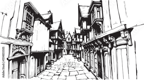 Old Town Landscape. Vintage, retro, wood carved patterns. Hand drawn vector illustration	