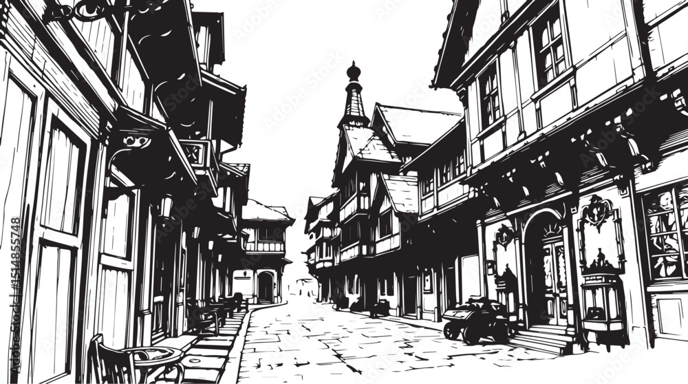 Obraz premium Old Town Landscape. Vintage, retro, wood carved patterns. Hand drawn vector illustration 