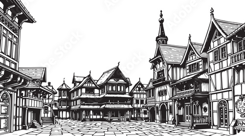 Old Town Landscape. Vintage, retro, wood carved patterns. Hand drawn vector illustration	