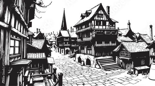 Old Town Landscape. Vintage, retro, wood carved patterns. Hand drawn vector illustration	