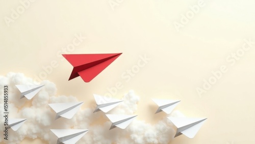 Un avión de papel rojo se eleva sobre una bandada de aviones de papel blanco puro
