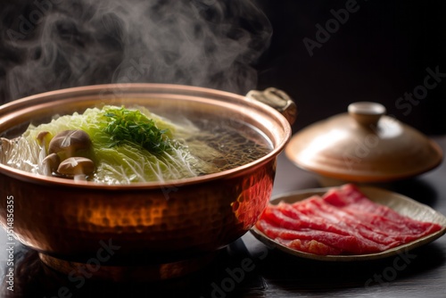 Sizzling Copper Pot Hot Pot with Beef, Cabbage, and Mushrooms in Oily Broth – 4K Photorealistic Asian Cuisine, Steam & Ingredient Texture for Food Blogs, Restaurant Menus, and Culinary Marketing