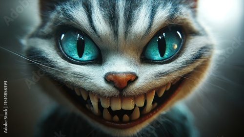 Close-up of a sinister, stylized cat face.  Large, glowing eyes and a menacing grin