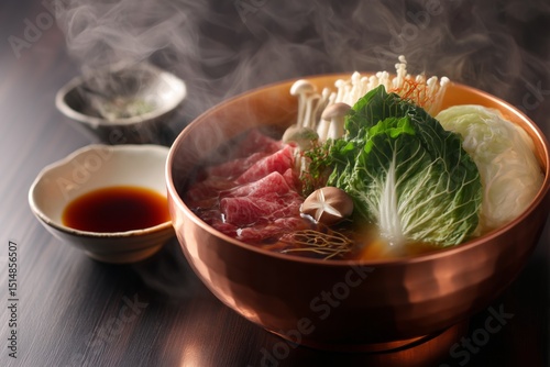 Sizzling Copper Pot Hot Pot with Beef, Cabbage, and Mushrooms in Oily Broth – 4K Photorealistic Asian Cuisine, Steam & Ingredient Texture for Food Blogs, Restaurant Menus, and Culinary Marketing