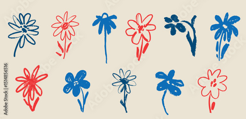 Ink Crayon charcoal flower Marker Gouache hand drawn sketches illustrations. Dry brush stroke simple minimalistic floral doodles isolated on white for cosmetics, kid education.