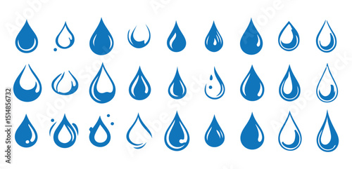 Blue drop vector collection set. Liquid droplet, splash, raindrop design element. Vector illustration eps 10