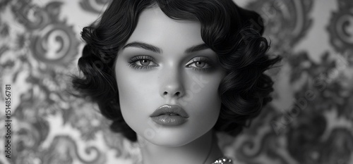 Elegant monochrome portrait of a woman with classic vintage Hollywood hairstyle photo