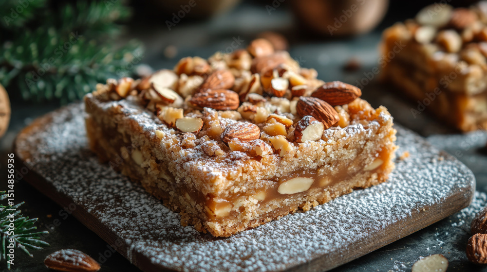 Stacked Almond Caramel Bars with Powdered Sugar on Rustic Surface Stacked Almond Caramel Bars with Powdered Sugar on Rustic Surface