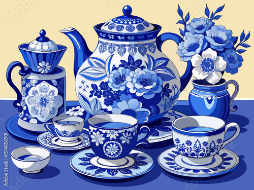 vector of A beautiful blue and white porcelain tea set set on a table that showcases intricate floral designs and handicrafts...