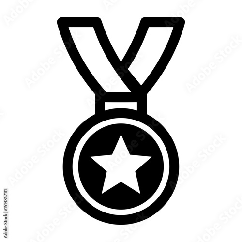 Minimalistic icon of a medal with star in center and ribbon loop for awards and achievements