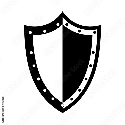Minimalistic shield icon with black and white split symbolizing protection defense strength authority and digital security